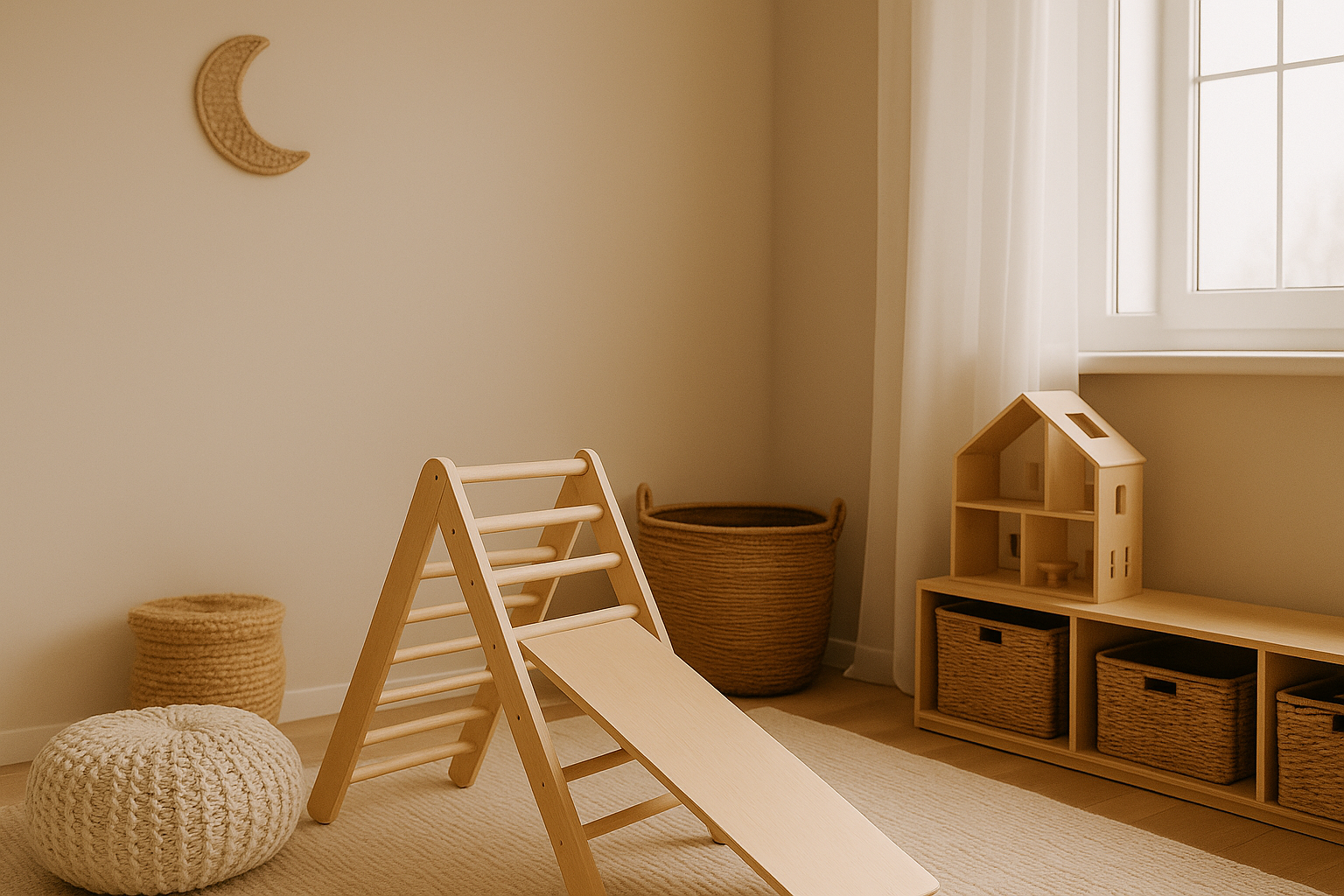 Children's playroom with wooden climbing toy, slide, and storage unit.